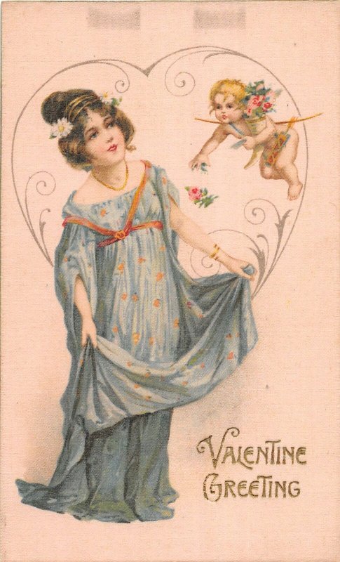 F99/ Valentine's Day Love Holiday Postcard c1910 SILK Pretty Girl Cupid 18