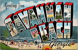 Vtg 1940s Large Letter Greetings Savannah Beach Georgia GA Unused Linen Postcard