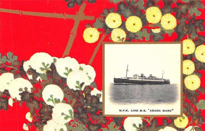 N.Y.K. Line Steam Ship M.S. Asama Maru Japan Red Border Postcard