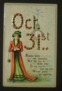 1910s Gottschalk Halloween Postcard Woman in Front of Clock Tower Love Spell