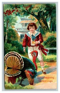 Vintage 1910's Thanksgiving Postcard Boy Feeding Turkey in the Garden