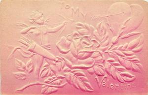 c1907 Pink Embossed Airbrush Valentine Postcard Cupid Bow & Arrow on Big Rose