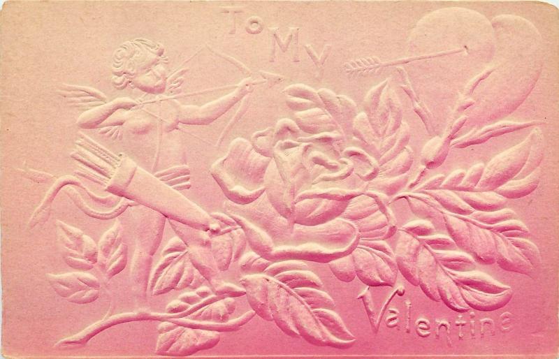 c1907 Pink Embossed Airbrush Valentine Postcard Cupid Bow & Arrow on Big Rose