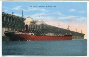 Ore Steamer Great Lakes Ship Marquette Michigan linen postcard