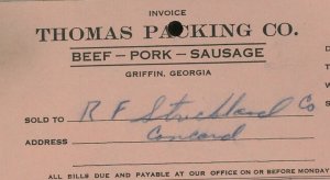 1950 Thomas Packing Co. Griffin GA Beef-Pork-Sausage Invoice for Meat  378 