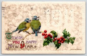 New Year~Blue Green Birds on Branch~John Winsch Embossed Vintage Postcard