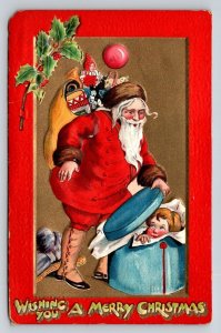 Raphael Tuck Crimson & Gold Santa Claus Child Embossed Christmas Postcard 501