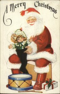 Christmas - Santa Claus w/ Doll in Stocking c1910 Postcard