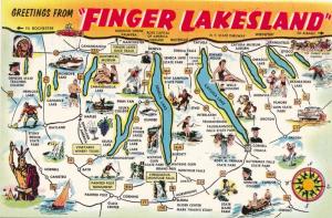 Greetings from Finger Lakesland NY, New York Postcard Map of Finger Lakes Region