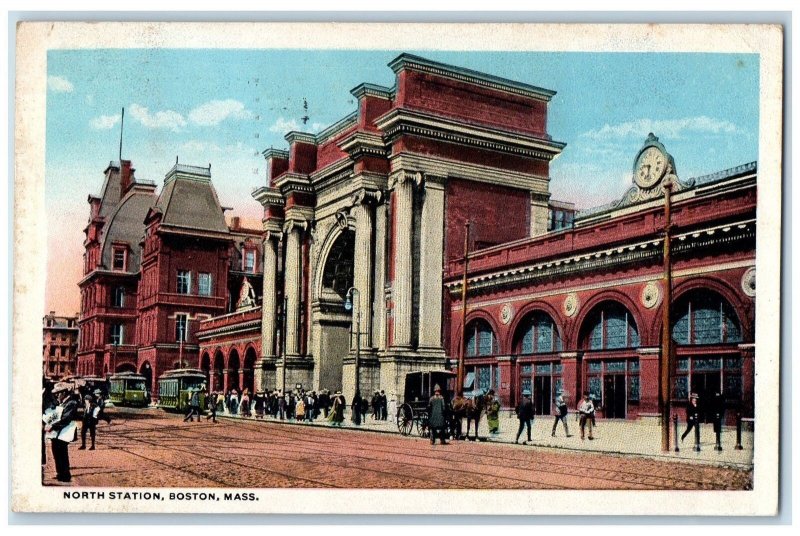1922 North Station Train Trolley Depot Horse Carriage Clock Boston MA Postcard