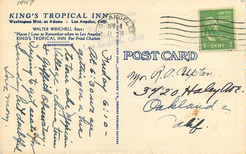 King's Tropical Inn roadside Los Angeles California 1947 Postcard Teich 129