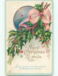 Pre-Linen christmas PINK RIBBON ON BUNCH OF HOLLY k1432