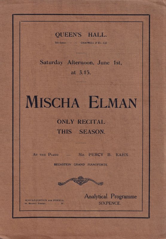 Mischa Elman Violin Classical Antique Queens Hall London Theatre Programme