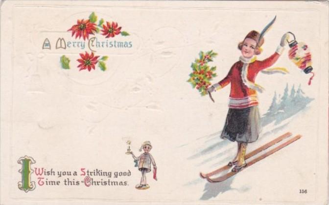 Merry Christmas Young Girl On Skis 1914