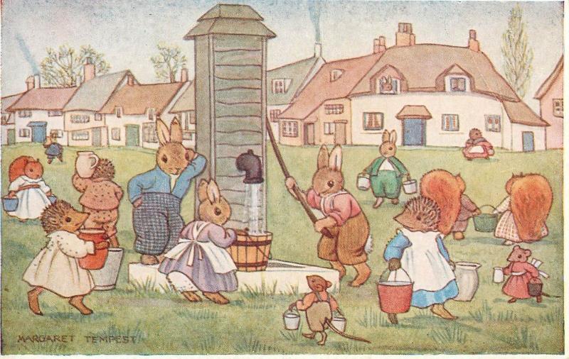 Village Pump by Margaret Tempest Antropomorphic Animals Rabbits Squirrels Mice