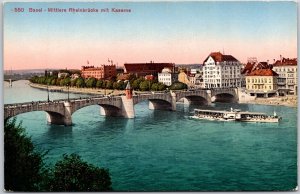 Basel Mittlere Rheinbrucke Mit Kaserne Switzerland Ferry Boat Buildings Postcard