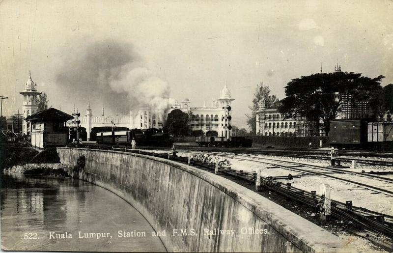 malaysia, KUALA LUMPUR, Station, F.M.S. Railway Offices, Steam Train 1920s RPPC
