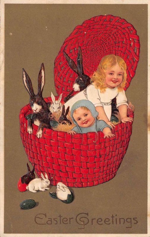 Easter Greetings Children & Rabbits In Basket W/ Hay, Series 8660 PC U14154