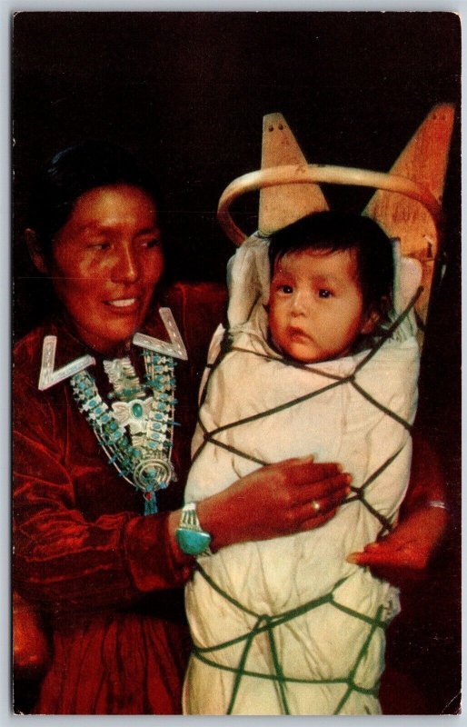 Vtg Native American Navajo Mother & Child in Papoose Indian Postcard