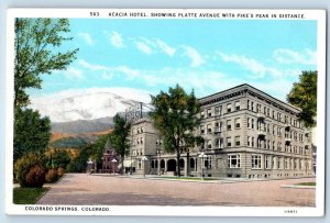 Colorado Springs Colorado Postcard Acacia Hotel Platte Avenue Pike's Peak c1930