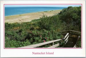 Nantucket Island stairway to beach with flowers, Massachusetts