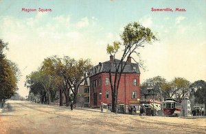 Somerville MA Magoun Square Storefronts Trolley Postcard