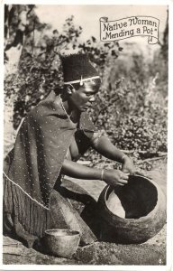 Native South African Woman Mending A Pot Real Photo Old Postcard