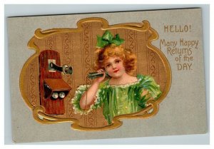 Vintage 1910's International Art Postcard Cute Girl in Green Candlestick Phone