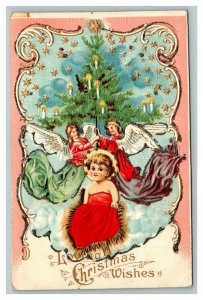 Vintage 1910's Christmas Postcard Angels with Xmas Tree Girl in Red Silk Dress