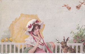 EASTER; 1900-1910's; Woman Sitting Down, Chicks And A Rabbit