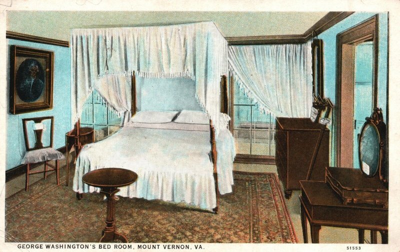 Vintage Postcard 1920's George Washington's Bed Room Mount Vernon Va. Virginia