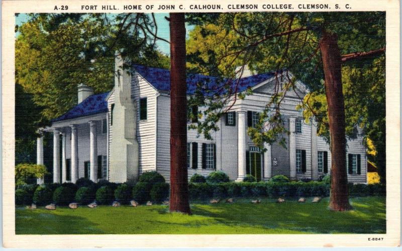 CLEMSON, SC South Carolina   FORT HILL John C Calhoun Home  1961 Linen Postcard