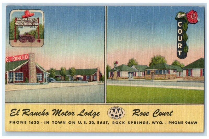 c1950's El Rancho Motor Lodge Rose Court Rock Springs Wyoming WY Postcard