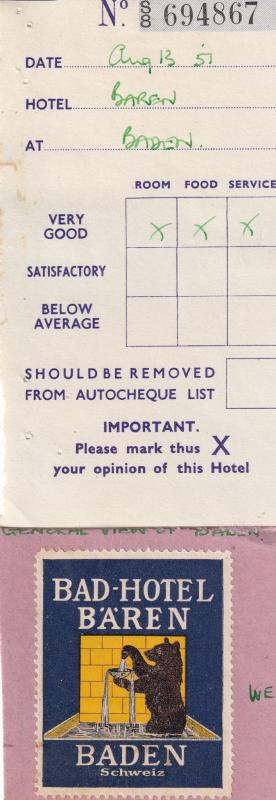 Bad Hotel Baren Baden Switzerland 1950s Receipt