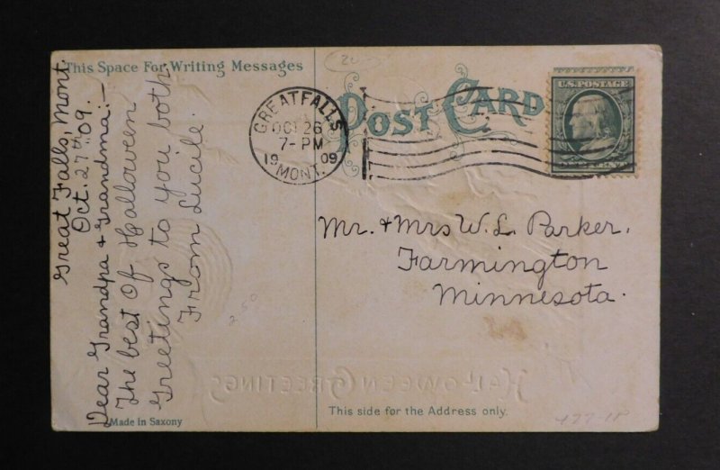 1909 USA Halloween Postcard Cover Great Falls MT to Farmington MN