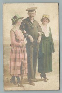 US NAVY SAILOR w/ GIRLS ANTIQUE HAND COLORED REAL PHOTO POSTCARD RPPC