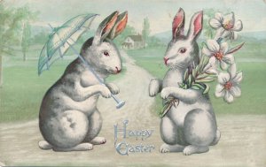 Easter Greetings - Rabbit Couple with Umbrella and Flower Bouquet - pm 1912 - DB