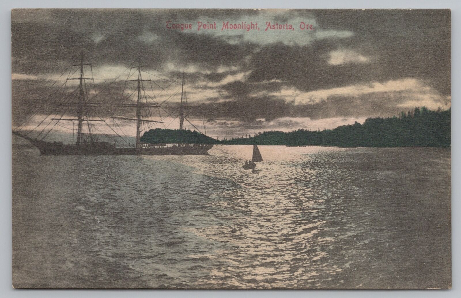 Astoria Oregon~tongue Point Night~sailing Ship Dwarfs Sail Boat~c1910 Postcard United States