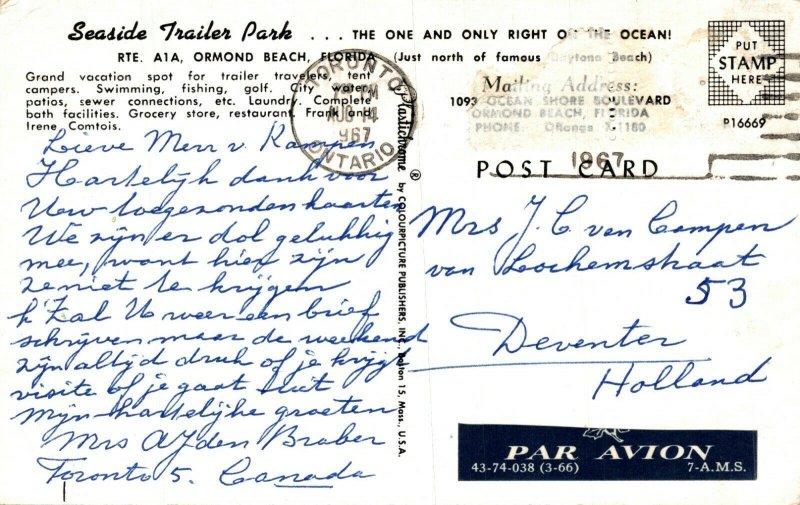 USA Seaside Trailer Park Ormond Beach Florida Chrome Postcard 08.59