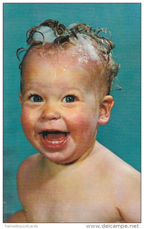 Smiling Blond Blue Eyed Baby w/ Suds in Hair, You're All Wet 1940-60s