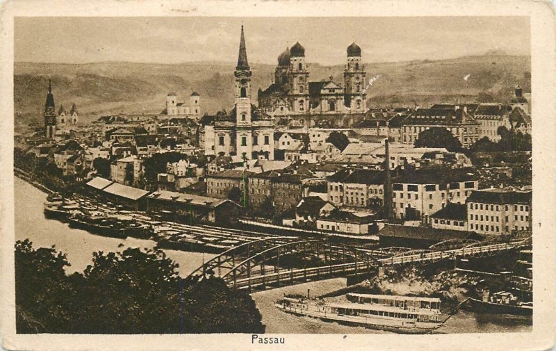 Navigation & sailing related vintage postcard Passau cruise ship iron bridge