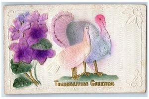 1912 Thanksgiving Greeting Turkeys And Flowers Airbrushed Mason City IA Postcard