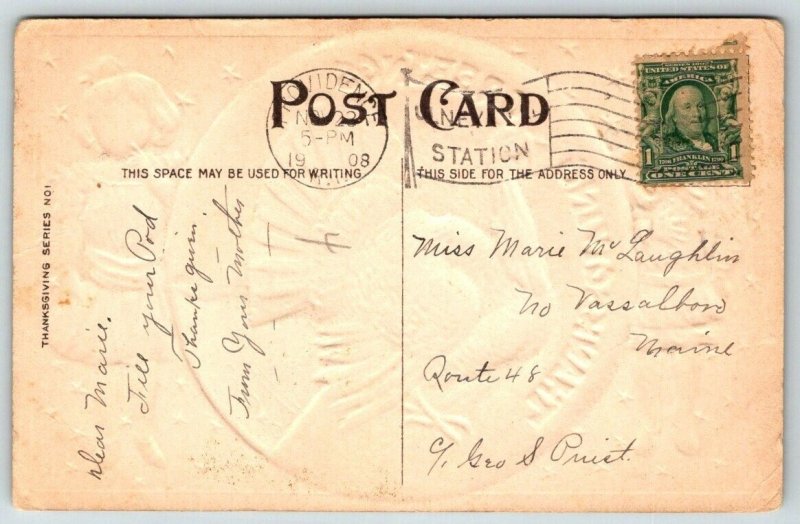 Thanksgiving Greetings Turkey   Providence RI Cancel Embossed  Postcard   1908