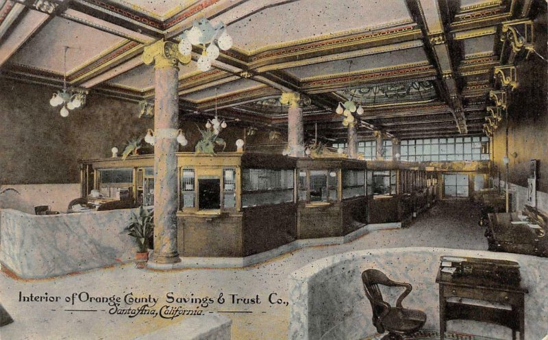 SANTA ANA, CA Orange County Savings & Trust Co. Interior c1910s Vintage Postcard