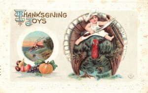Vintage Postcard 1912 Thanksgiving Joys Day Little Chef on Big Turkey Greetings