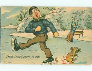 Pre-Linen Comic skating MAN SKATES OVER DOG'S TAIL AB9403