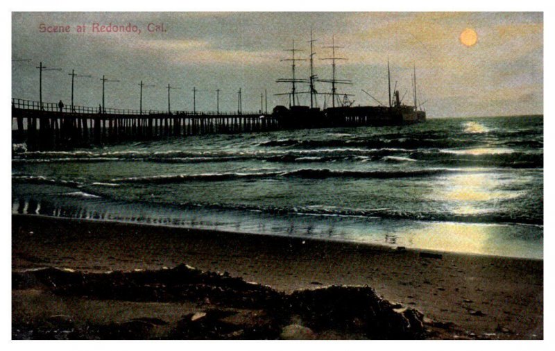 Boats Old Pier Scene at Redondo Beach California Postcard