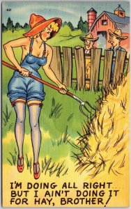 1917 Woman Clearing Hay At Backyard Doing Alright Comic Card Posted Postcard