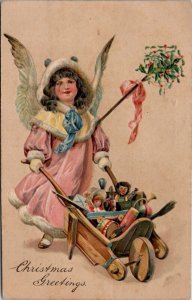 Christmas Child Angel Pink Robe Wheelbarrow Full of Toys Monkey Doll Postcard Z1