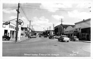 Enterprise OR Downtown Area Storefronts Old Cars Texaco Gas Station RPPC